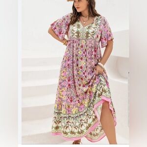Rusttydustty Bohemian Pink Floral Flutter Sleeve Maxi Dress Size 1XL Flowy EUC